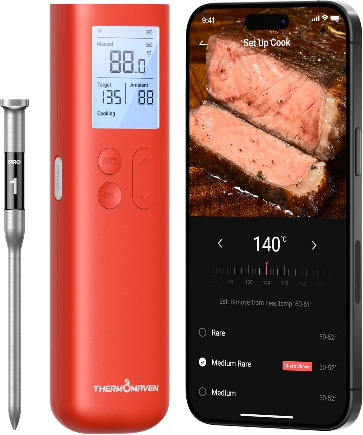 Smart Bluetooth Meat Thermometer with WiFi, Standalone Base, and ±0.5°