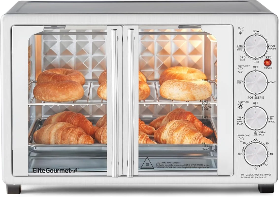 Elite Gourmet 45L Convection Toaster Oven – French Doors, Rotisserie, 